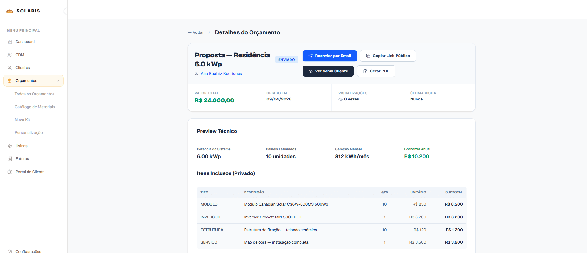 Tela de proposta do Solaris mostrando dimensionamento e indicadores financeiros